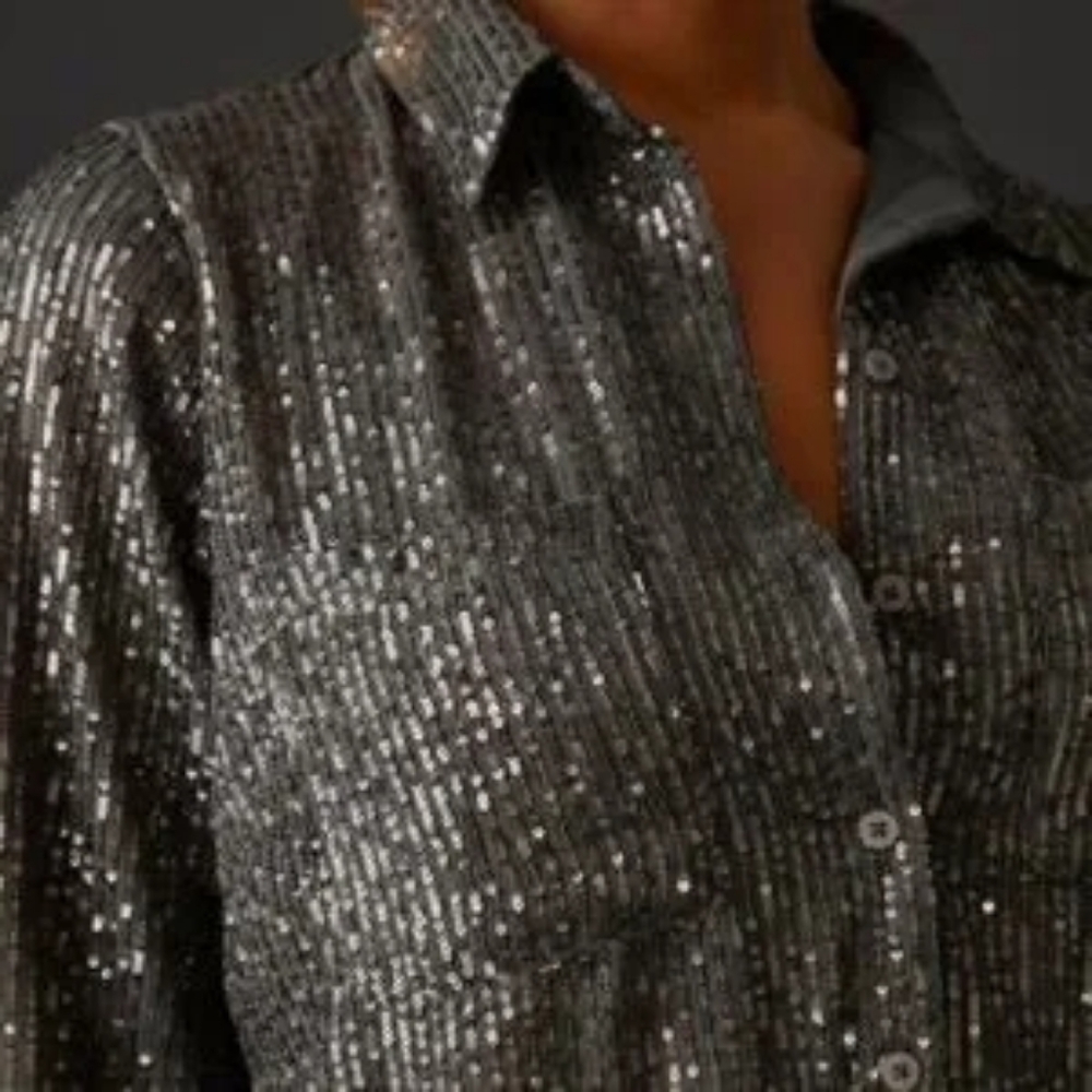 Anthropologie Gray Collared Sequined Button Down Shirt In S NWT - Picture 3 of 9